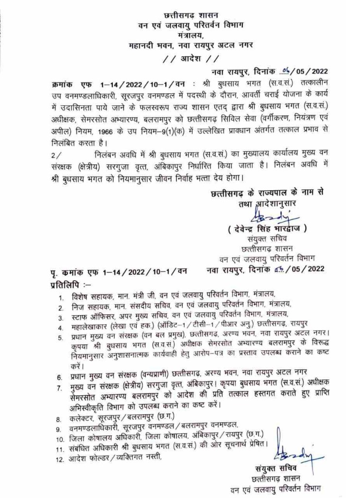 CG BIG:मुख्यमंत्री ने DFO समेत तीन को किया तत्काल सस्पेंड…देखें आदेश….